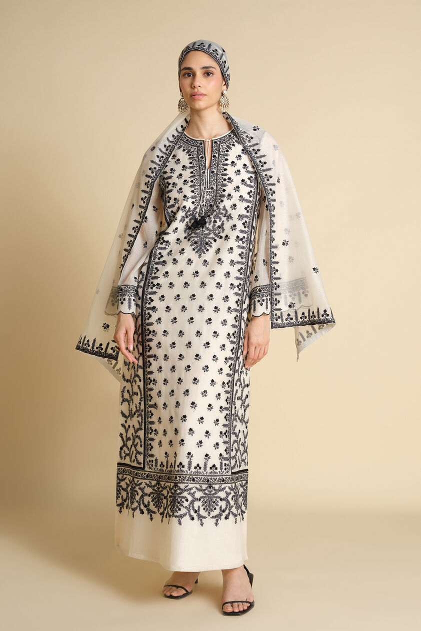 Sawsan Embroidered Mul Stole - Black & White, White, image 4